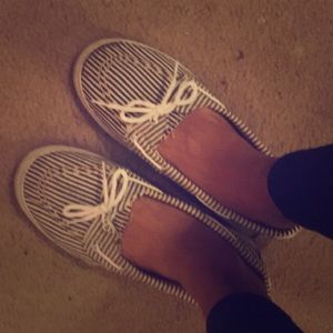 Striped black and white boat shoes